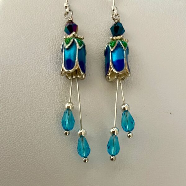 Blue cloisonné floral dangle earrings with beads
