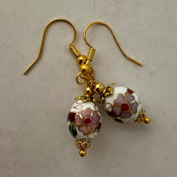 Gold dangle earrings with floral cloisonné beads