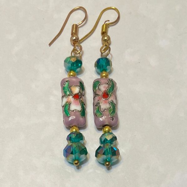 Pink floral cloisonné earrings with teal beads
