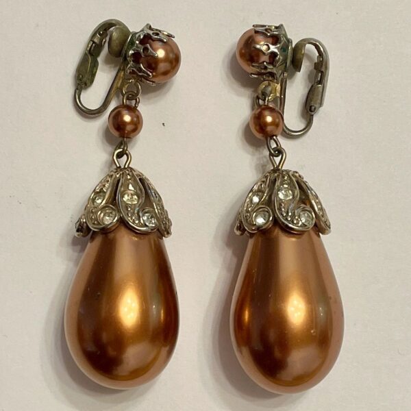 Vintage bronze teardrop pearl clip-on earrings