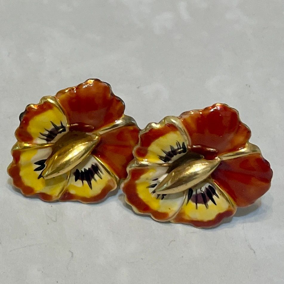 Pair of orange and yellow enamel pansy earrings