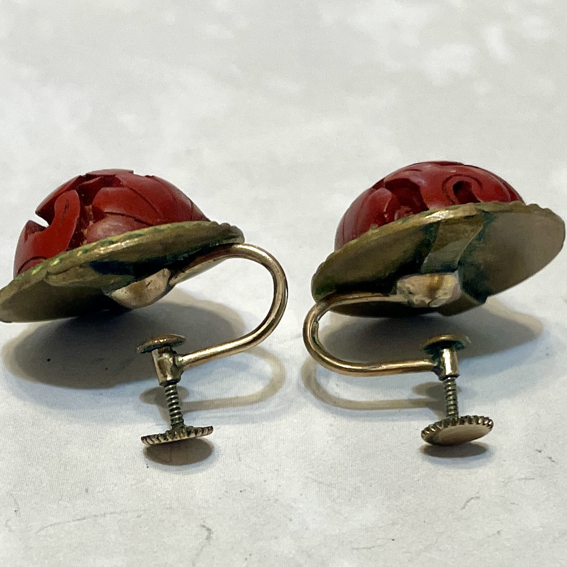 vintage red carved screw-back earrings