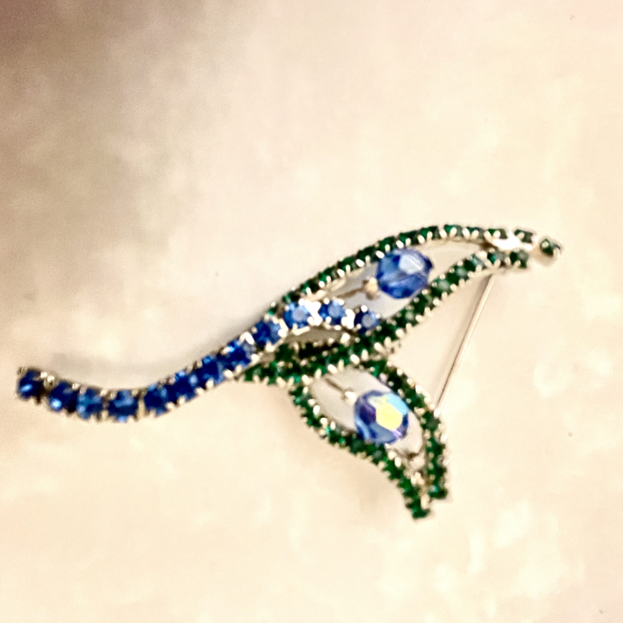 Blue and green rhinestone leaf brooch