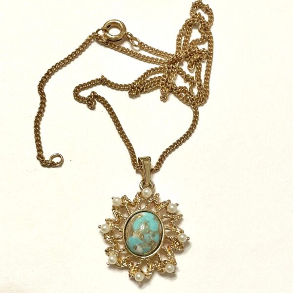 Gold chain necklace with turquoise and pearl pendant