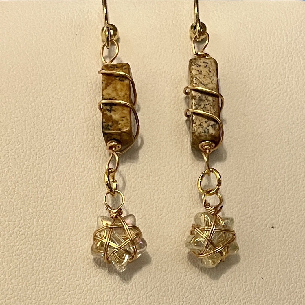 Wire-wrapped stone dangle earrings with glass beads