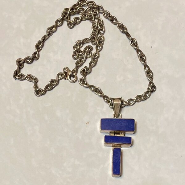 Silver chain necklace with blue T-shaped pendant