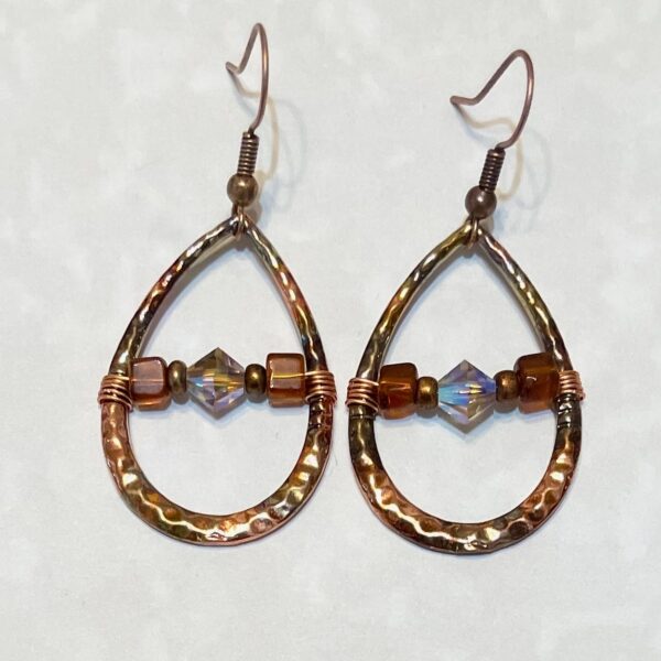 Hammered copper teardrop earrings with iridescent beads