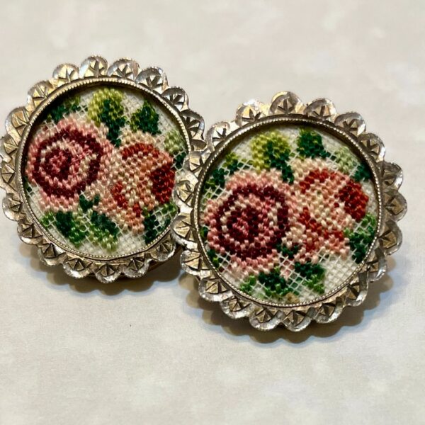 Pair of embroidered rose stud earrings