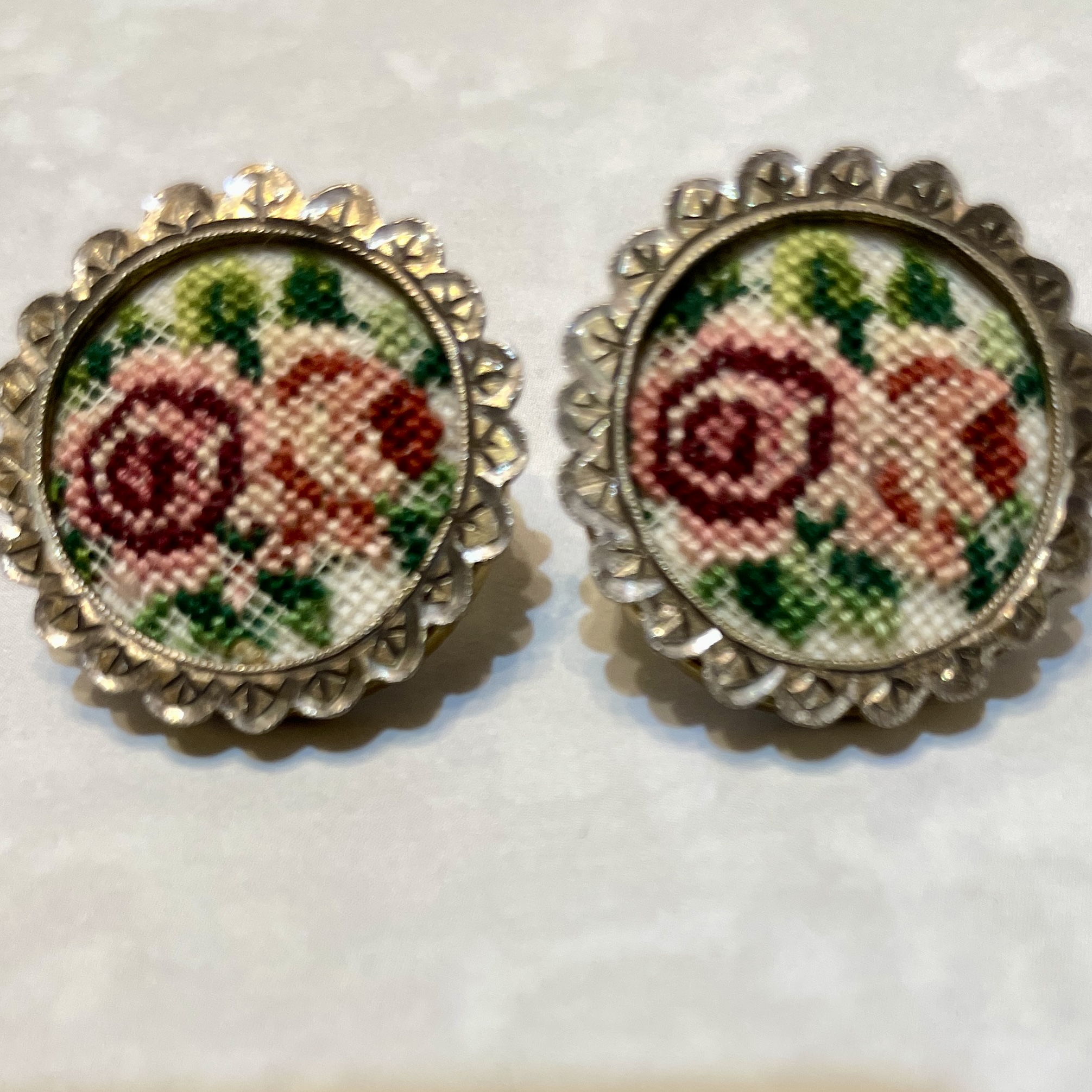 Pair of vintage floral cross-stitch earrings