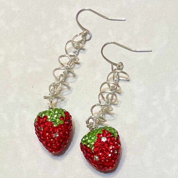 Sparkling strawberry dangle earrings with silver spirals