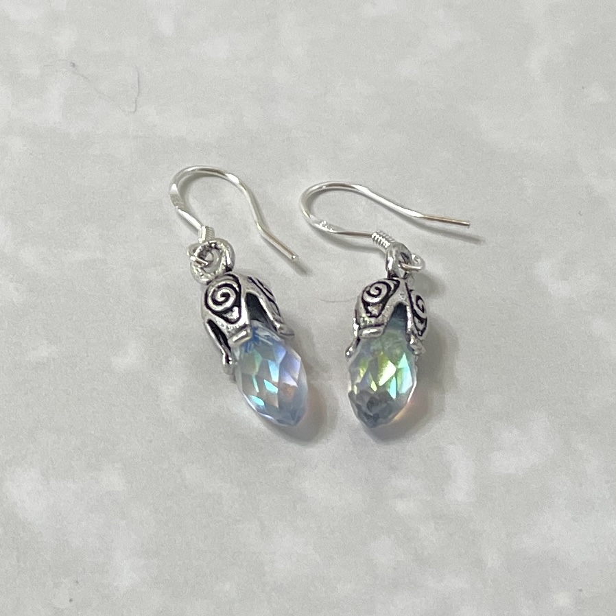 Silver hook earrings with iridescent teardrop crystals
