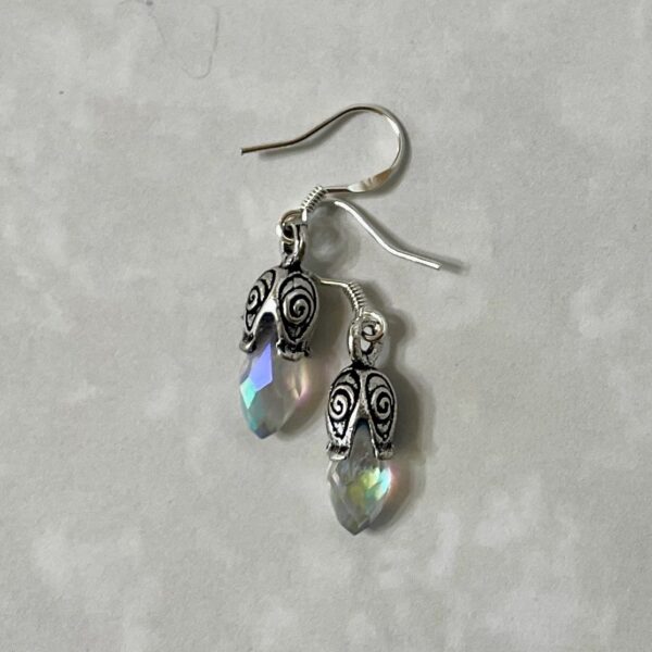 Silver earrings with iridescent teardrop crystals
