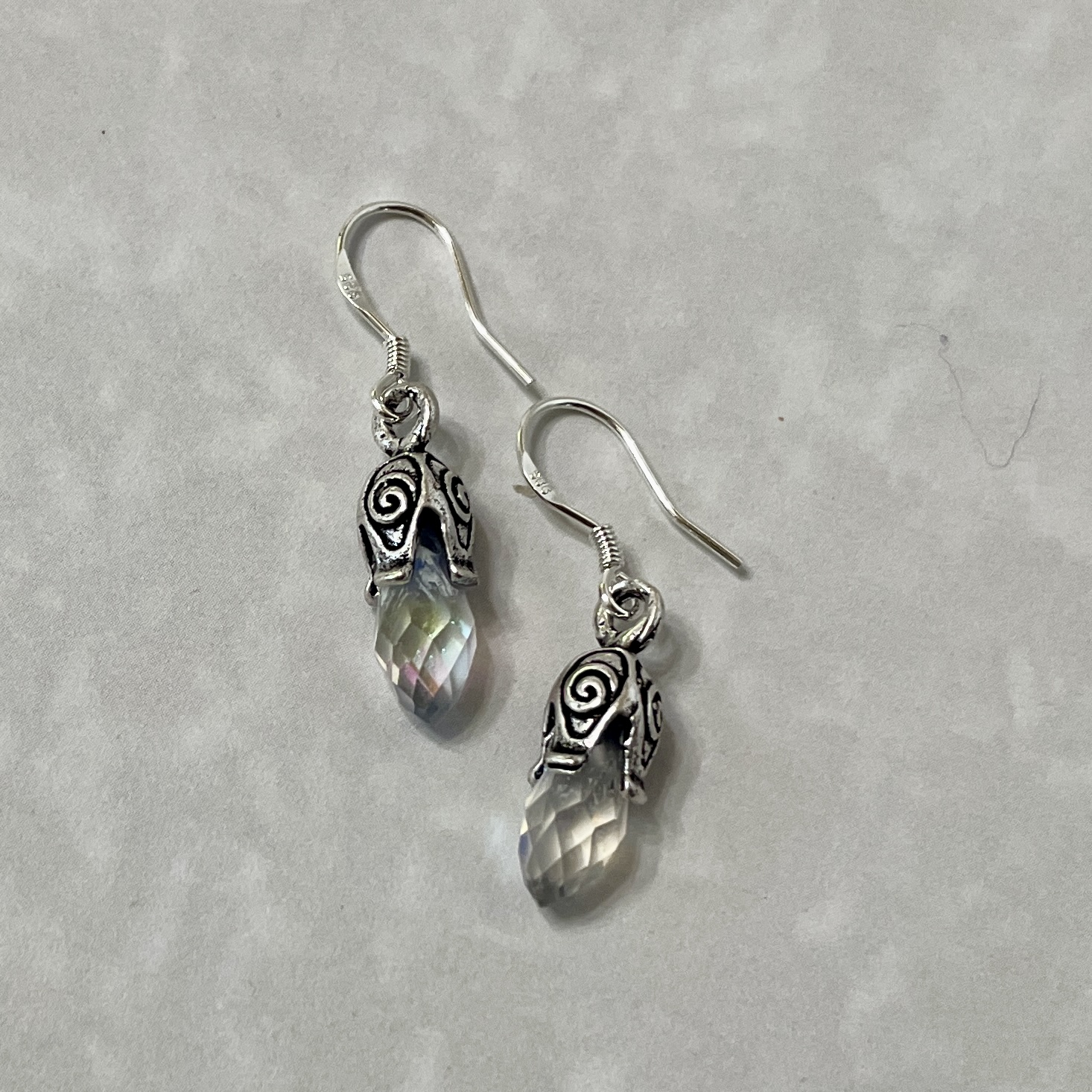 Silver filigree teardrop crystal dangle earrings