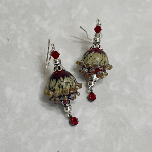 Lampwork glass dangle earrings with red beads