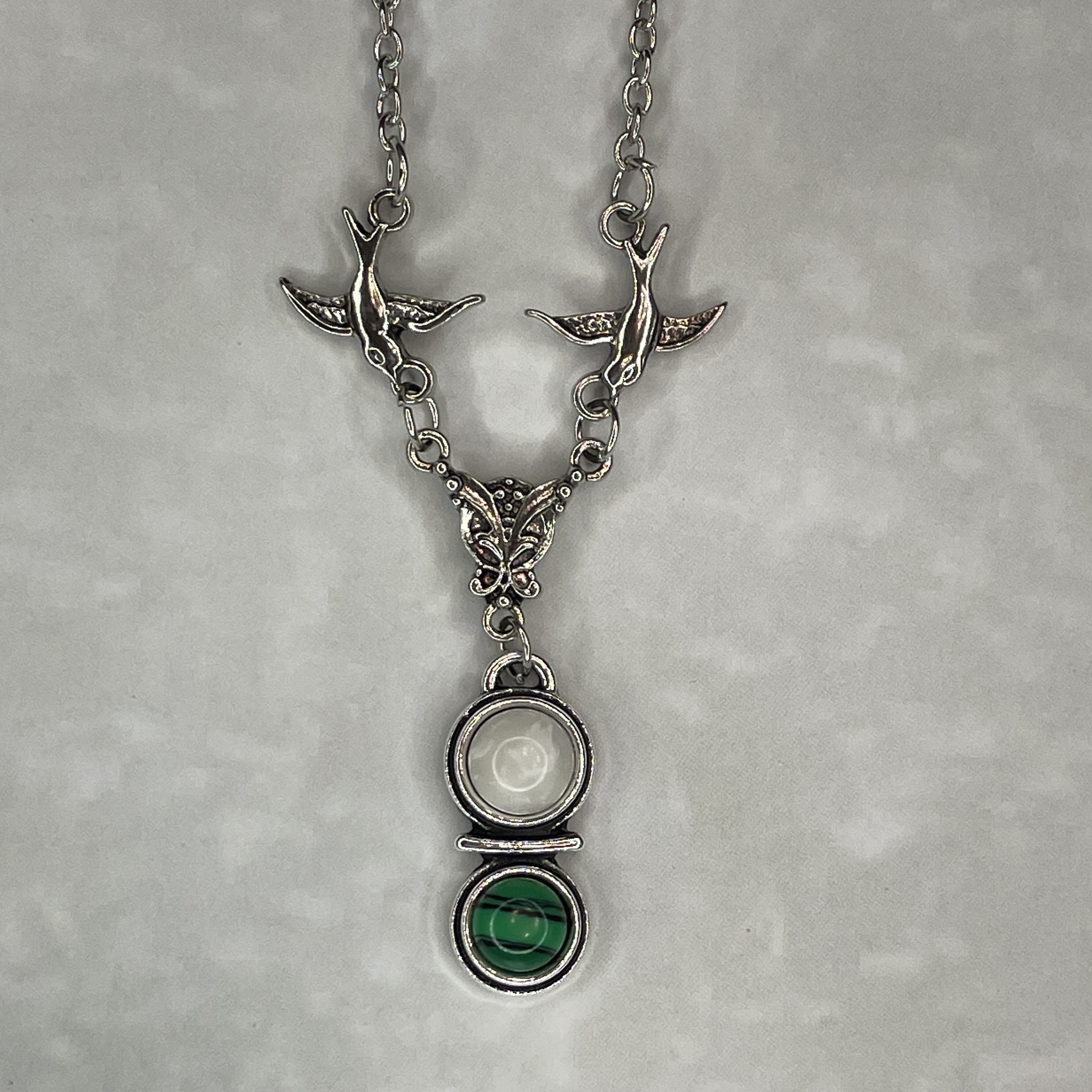 Silver bird and butterfly pendant with stones