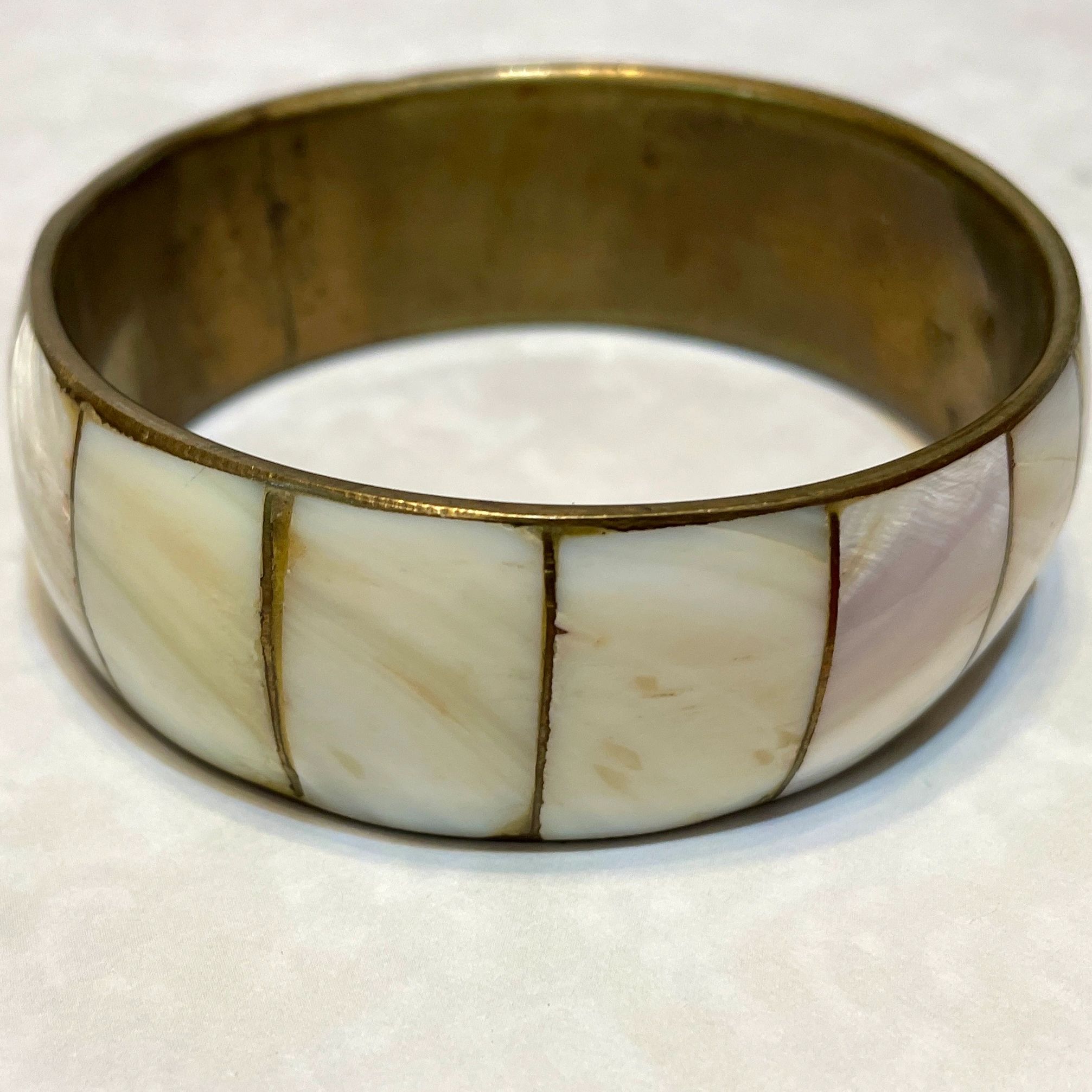 Mother-of-pearl brass bangle bracelet