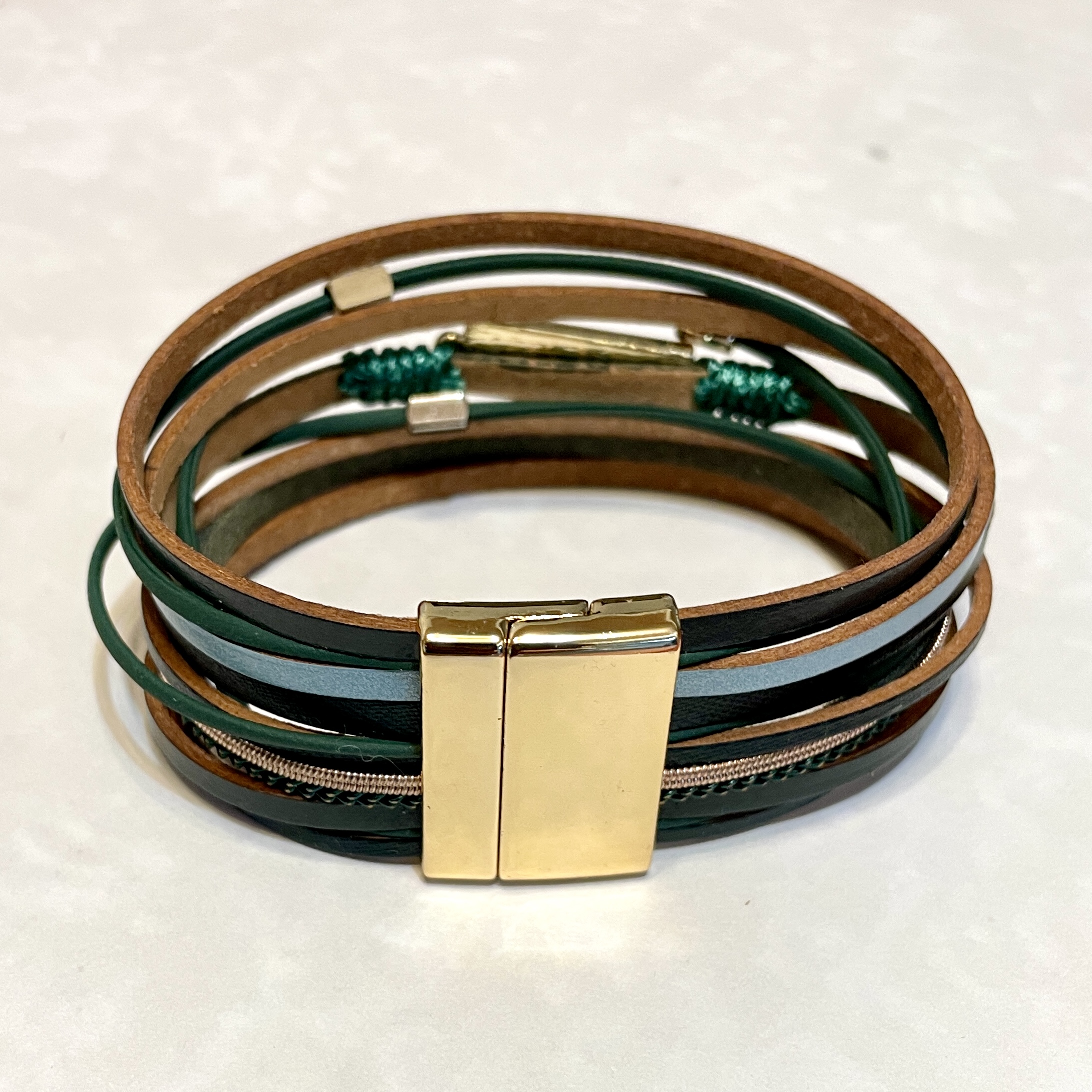 Leather wrap bracelet with gold magnetic clasp