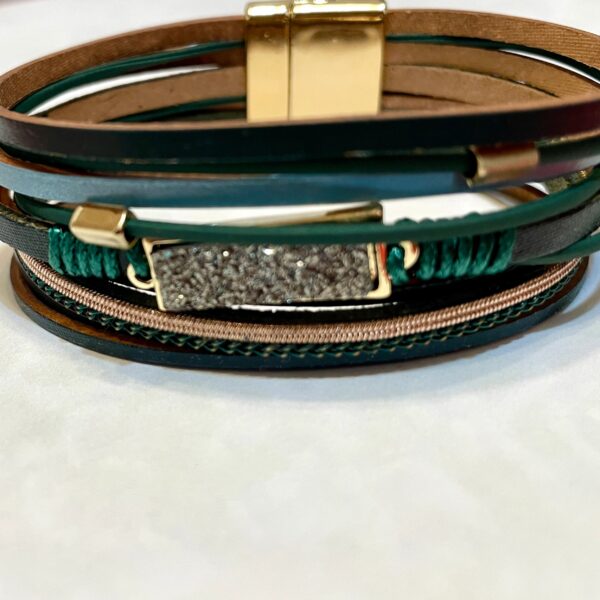 Green leather wrap bracelet with stone centerpiece