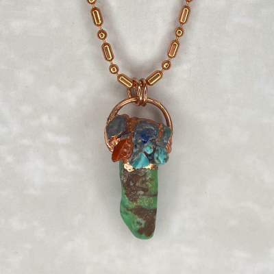 Copper wire-wrapped green stone pendant necklace