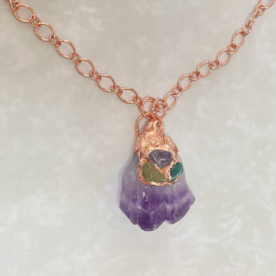 Rose gold amethyst pendant with enamel accents