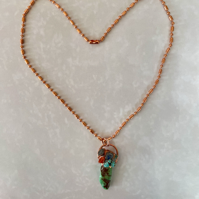 Copper beaded necklace with turquoise pendant
