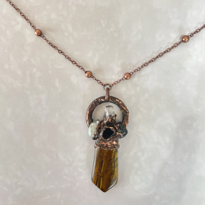 Copper skull pendant brown crystal necklace