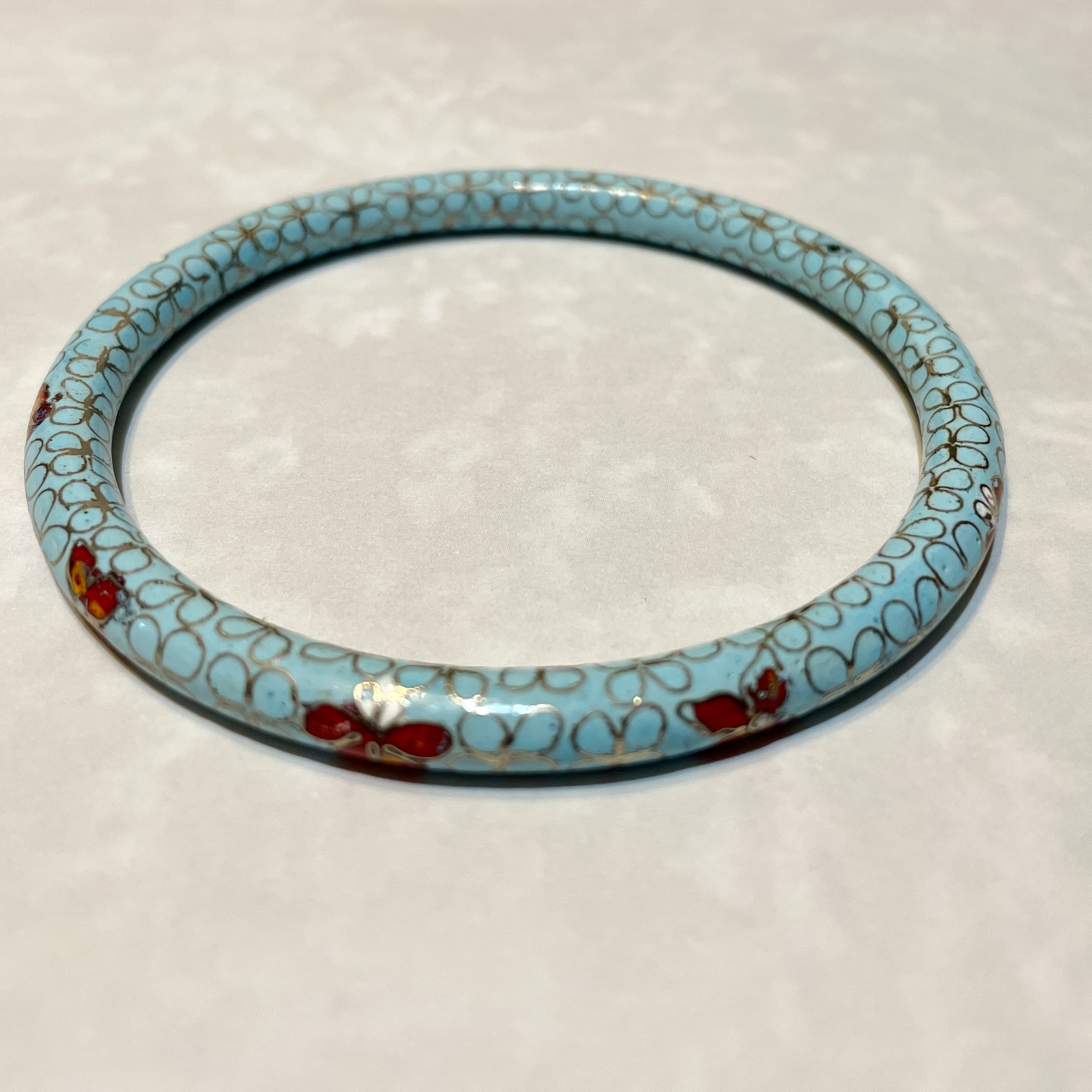 Light blue cloisonné bangle with red flowers