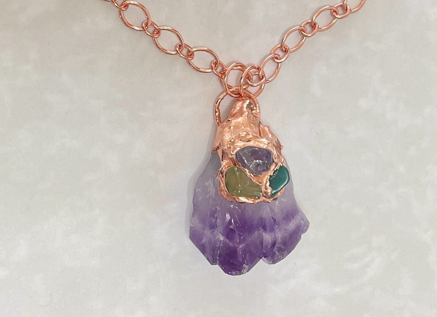 Copper-wrapped raw amethyst pendant necklace