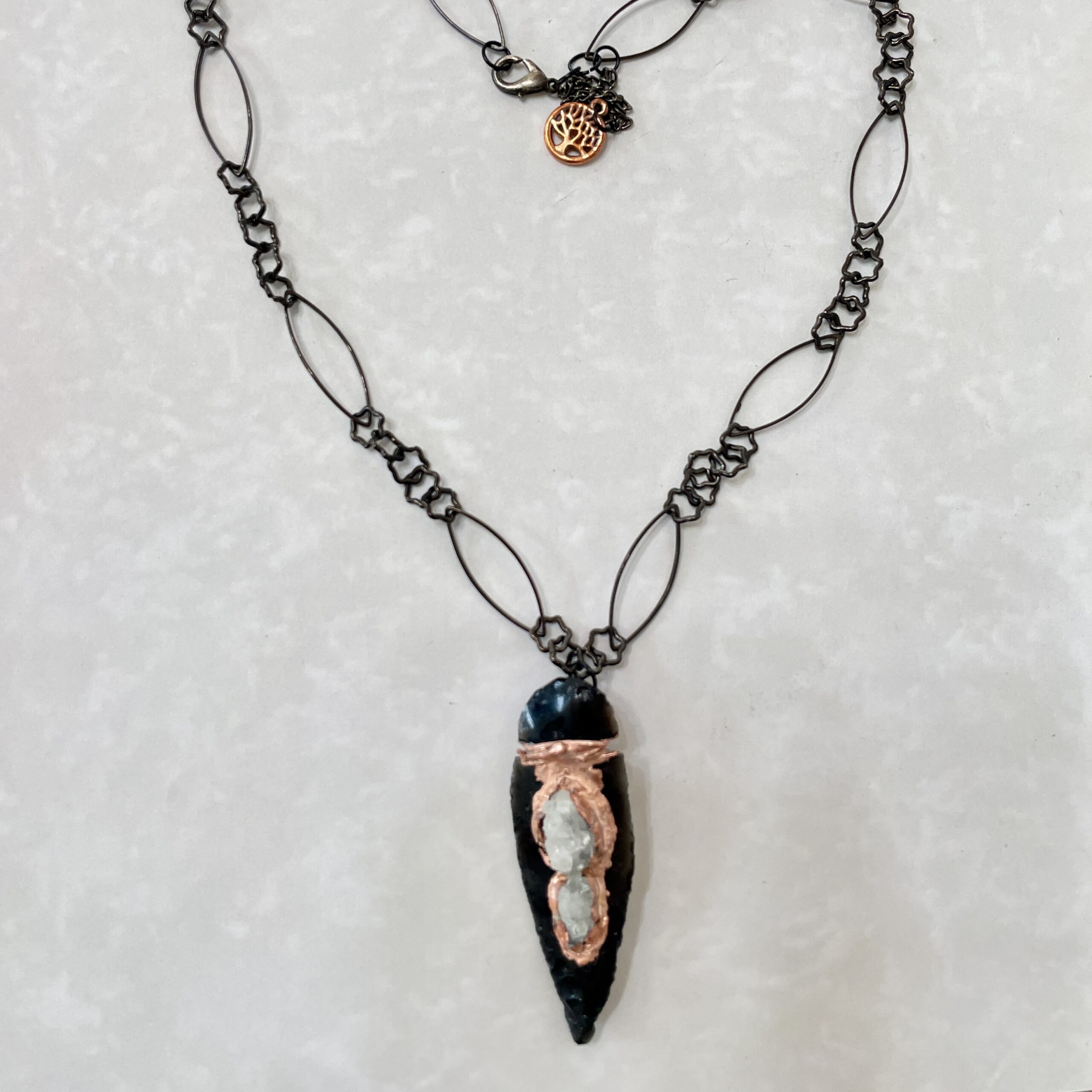 Copper wire-wrapped crystal dagger pendant necklace