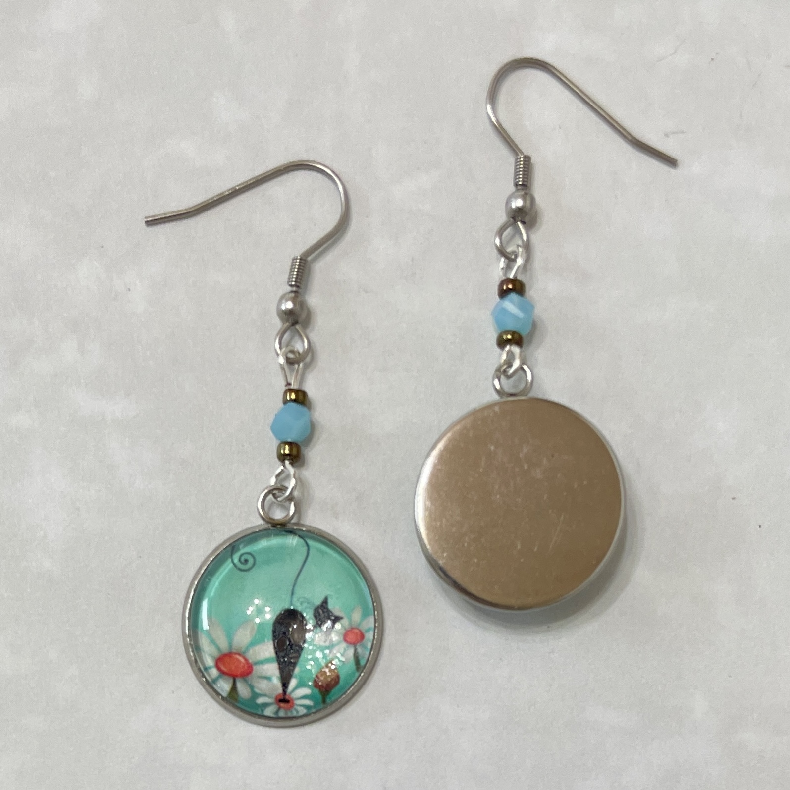 Turquoise cat floral glass dangle earrings