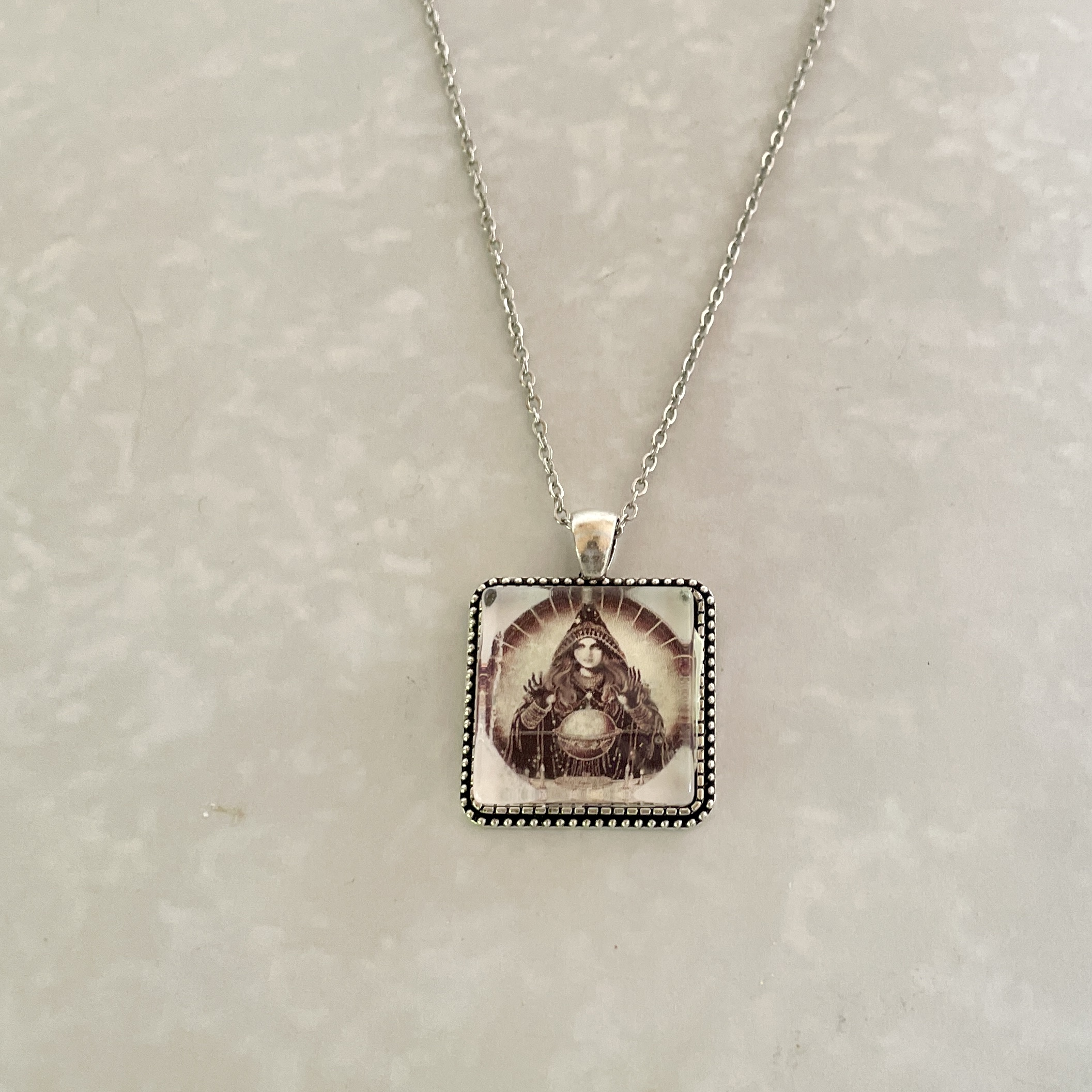 Square pendant necklace with vintage religious portrait