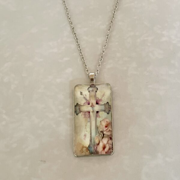 Rectangular cross pendant necklace with floral design