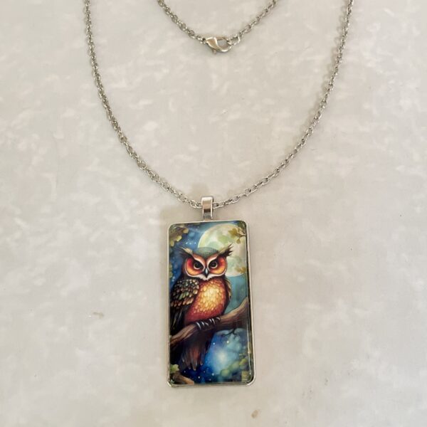 Silver necklace with rectangular owl pendant