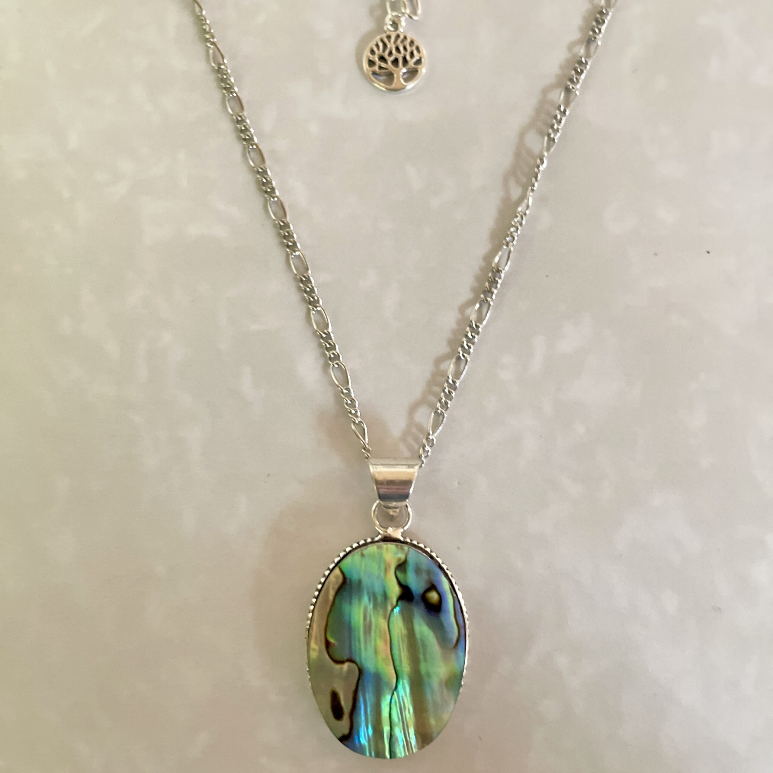 Silver necklace featuring an iridescent pendant.