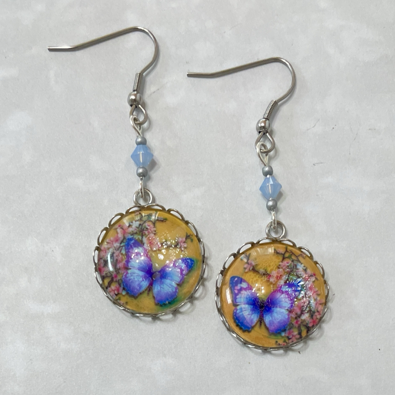 Blue butterfly round dangle earrings